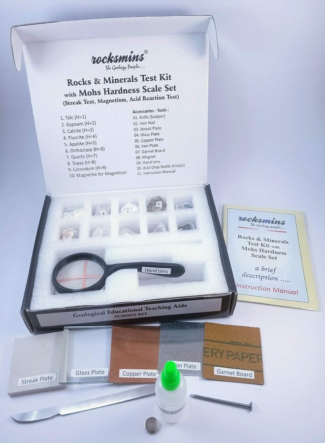 روكسمينز مجموعة اختبار الصخور والمعادن من روكس مينز مع مقياس صلابة موس RMMHKIT، تتضمن 9 عينات لاختبار صلابة موس، وعينة واحدة لاختبار المغناطيسية، و10 ملحقات لاختبار المعادن، ودليل استخدام. - Image 5